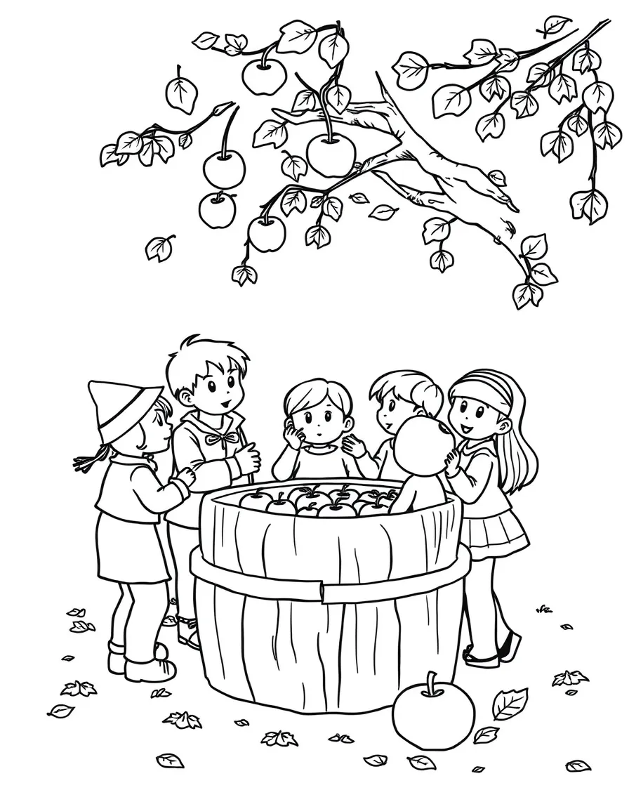 An autumn apple bobbing contest with participants