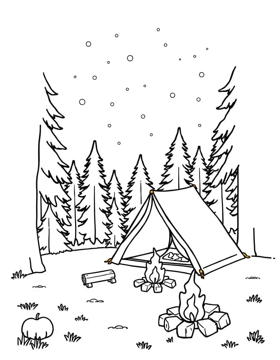 A fall camping scene with tent and campfire