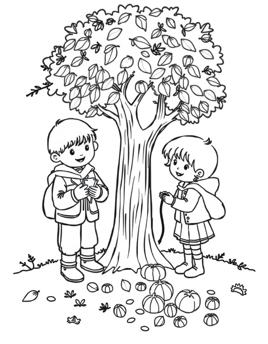 Children collecting autumn tree seeds of different types