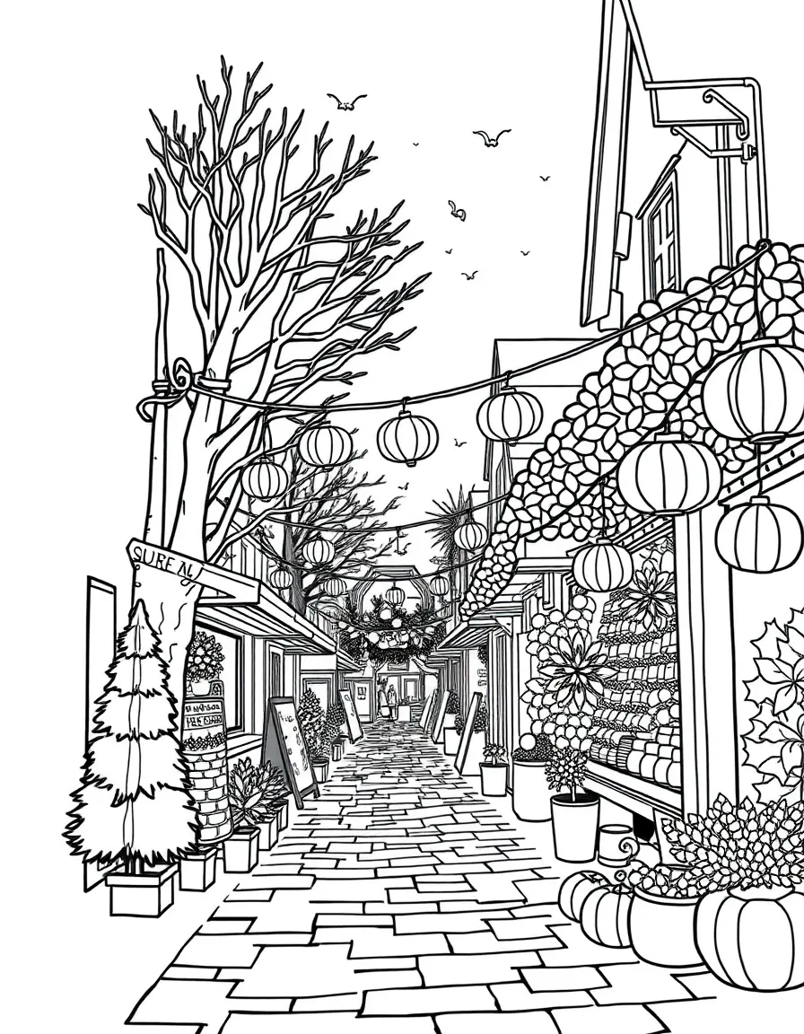 A detailed autumn market street with decorations