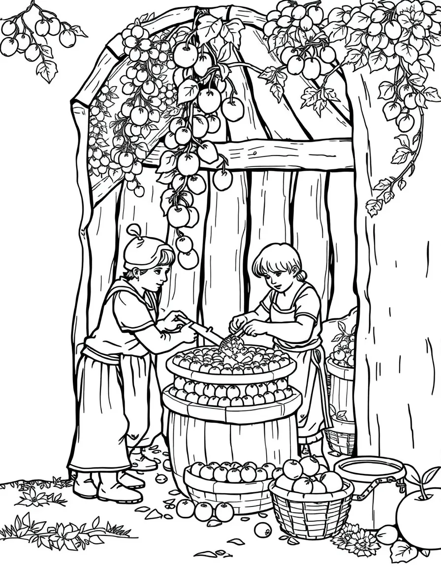 A detailed scene of people pressing cider