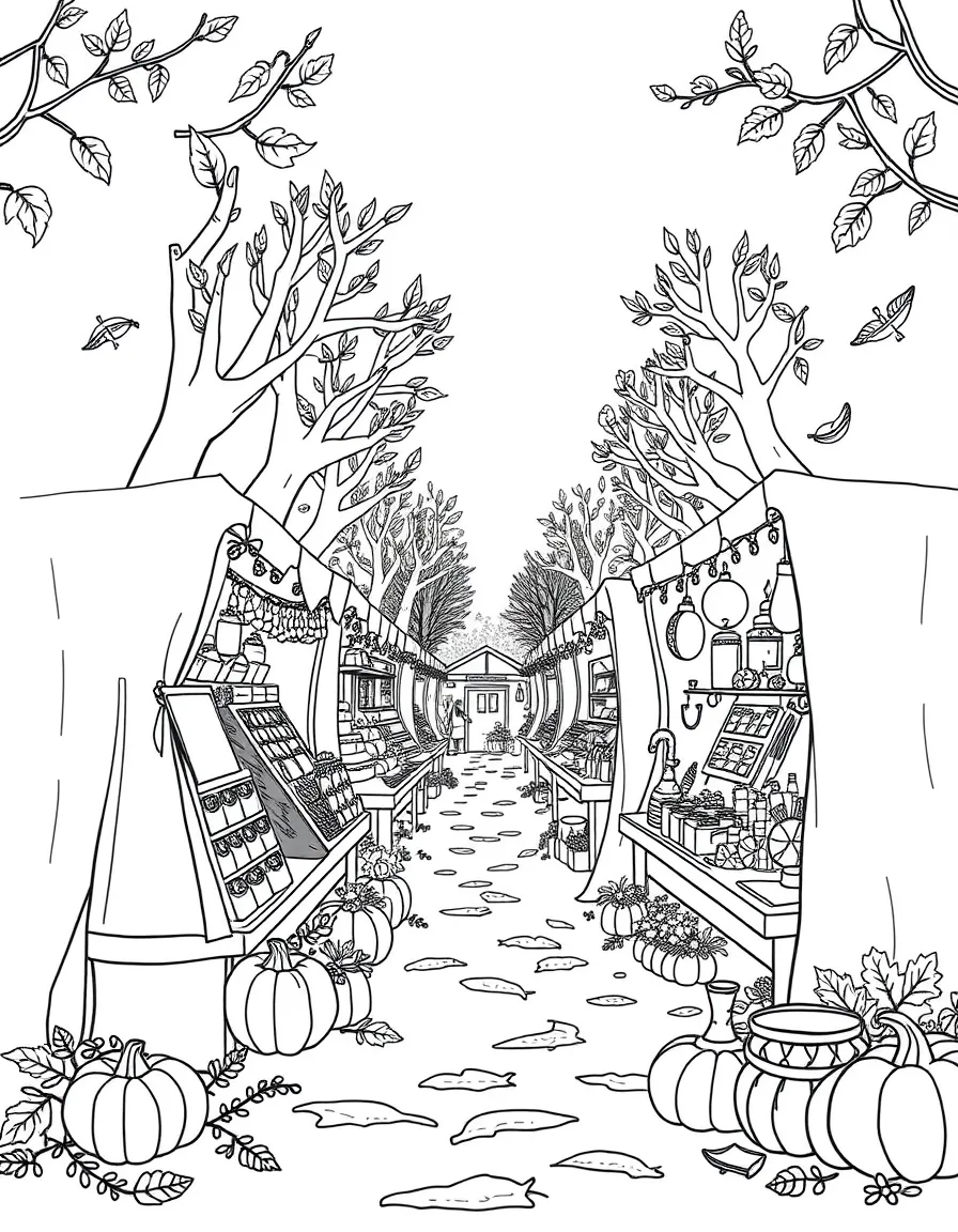 A fall craft fair with detailed stalls and items