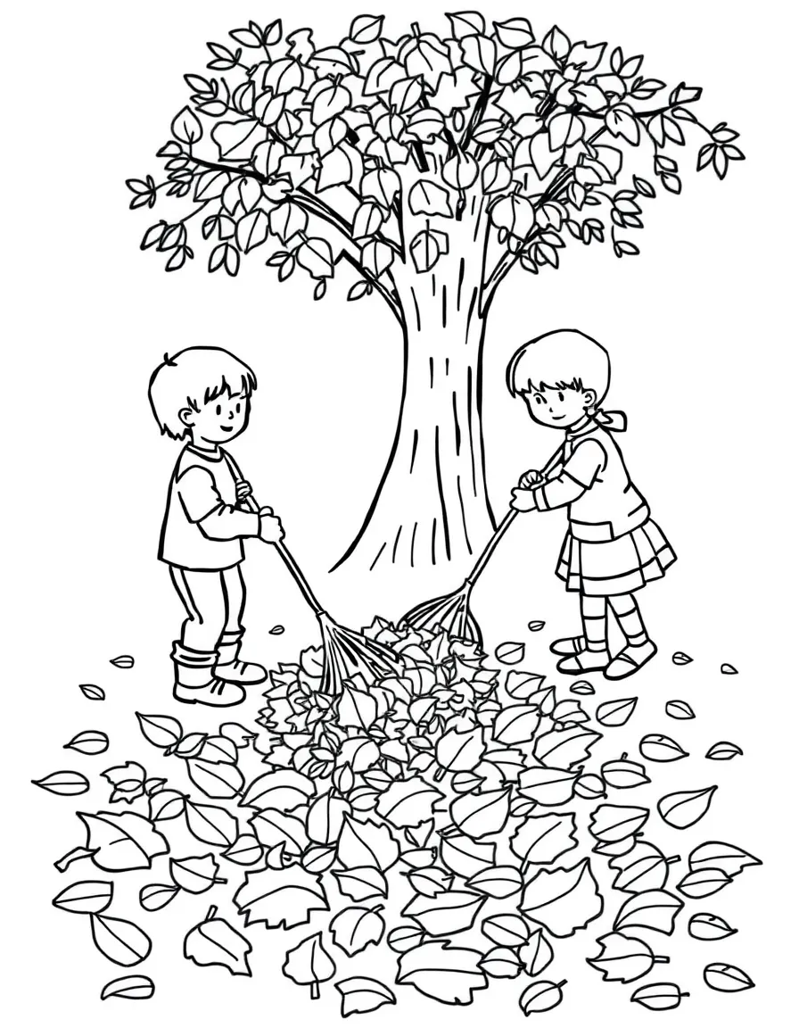 Children raking leaves into elaborate patterns