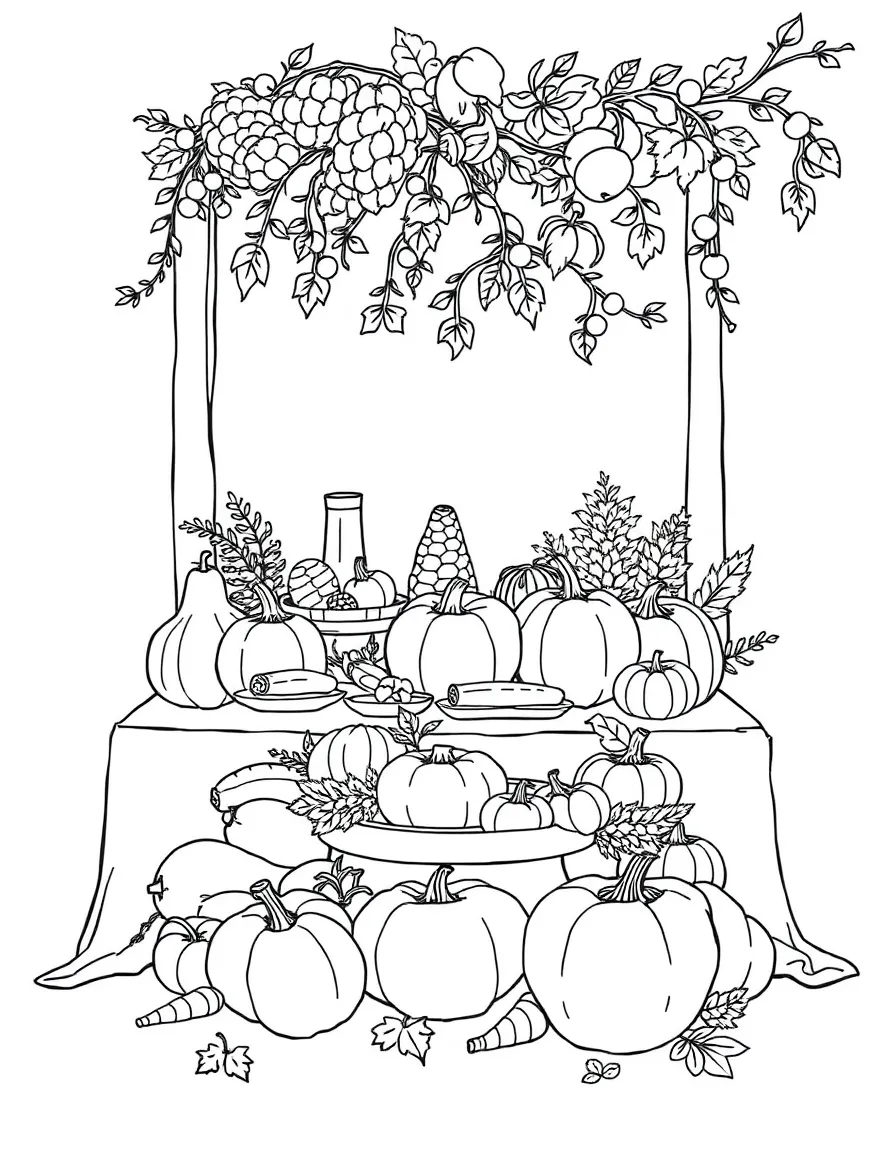 A detailed autumn harvest table with produce