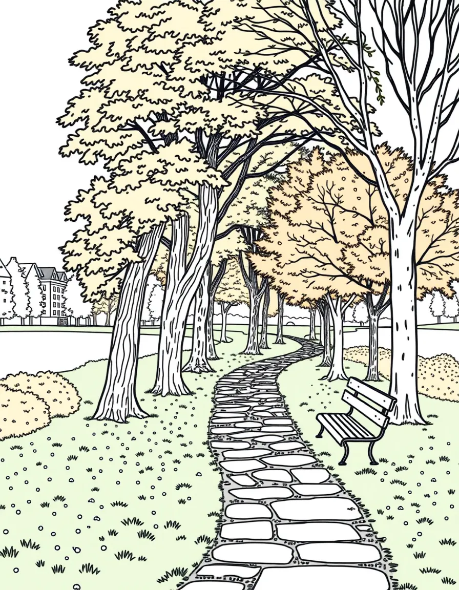 An autumn park with pathways and benches
