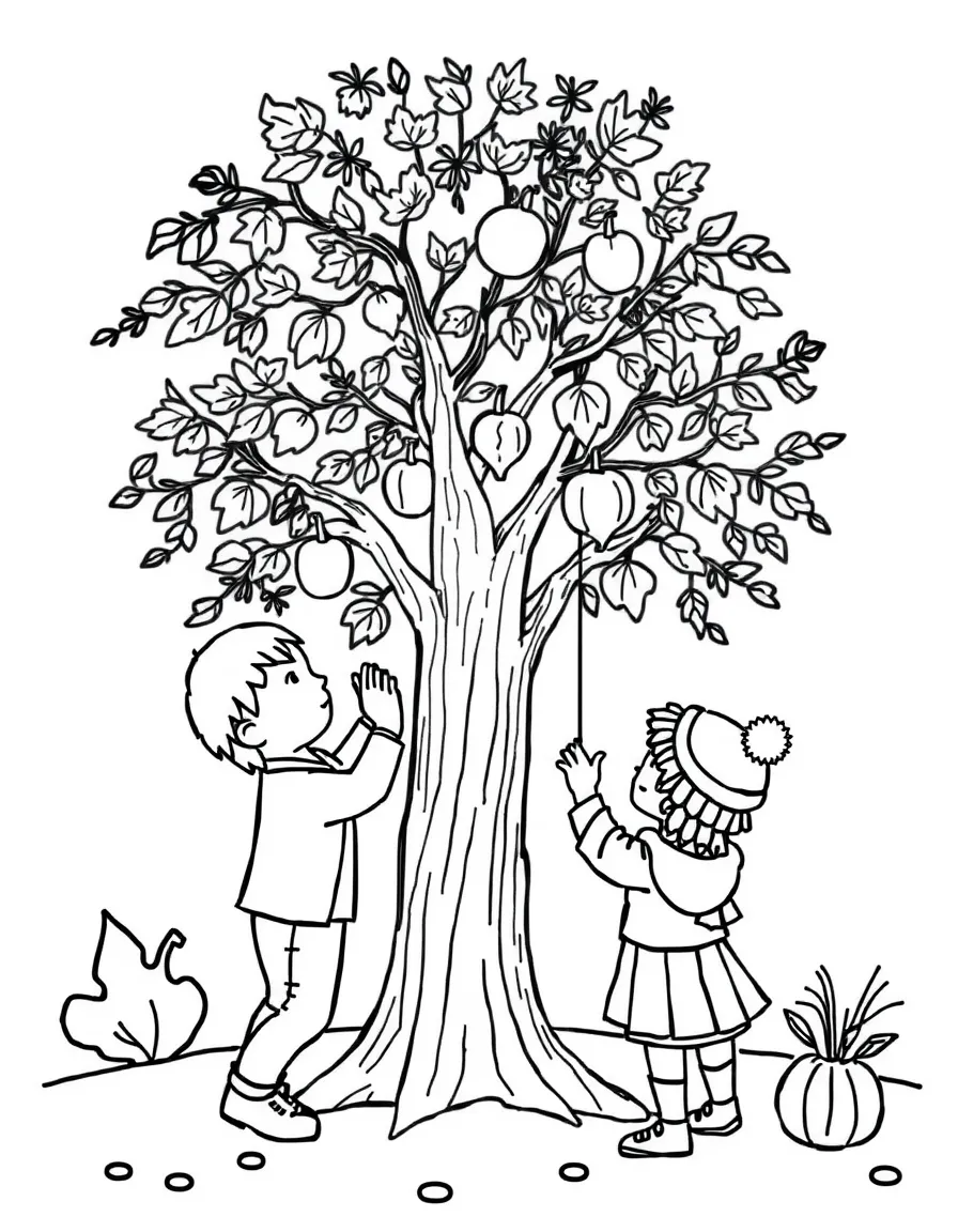 Children decorating an autumn tree with crafts