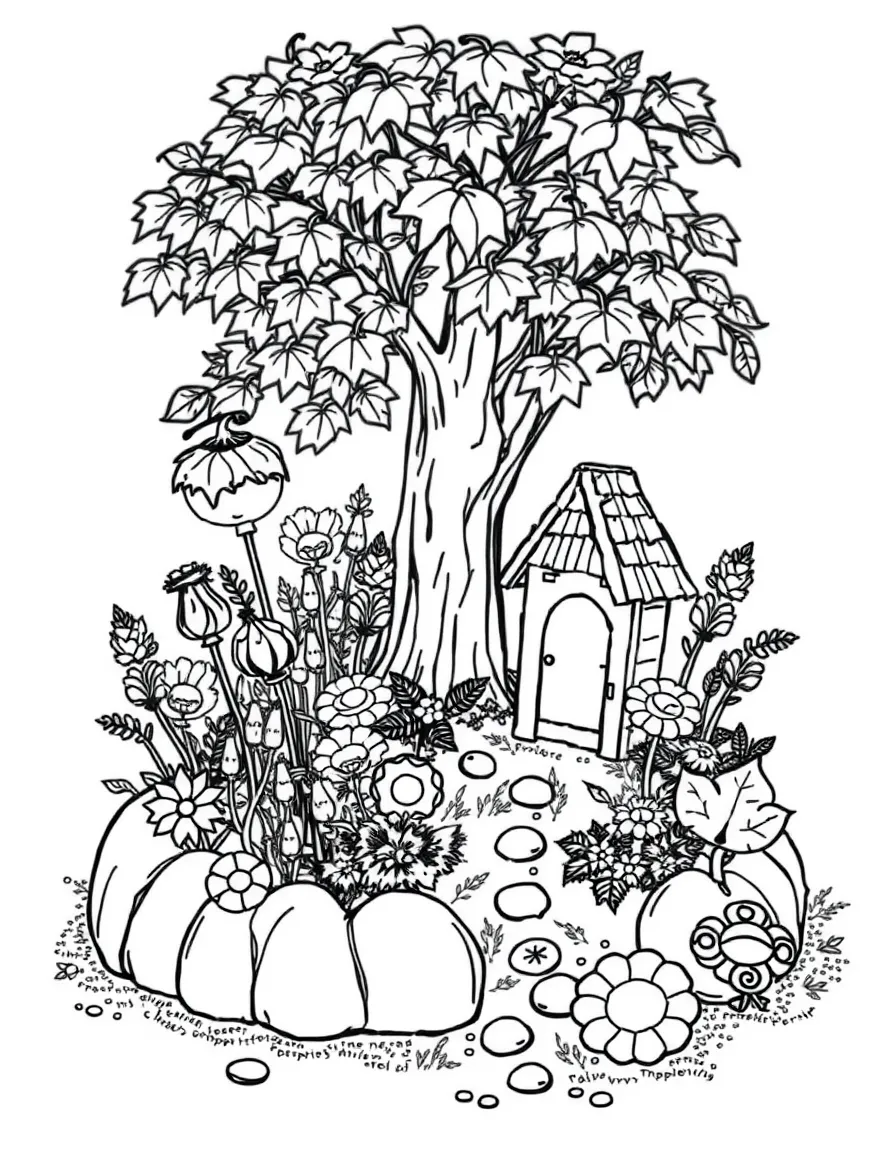 A detailed autumn fairy garden with miniatures