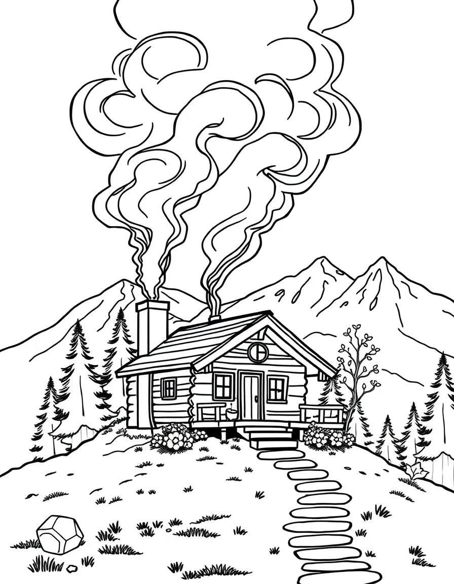 An autumn mountain cabin with smoke and scenery