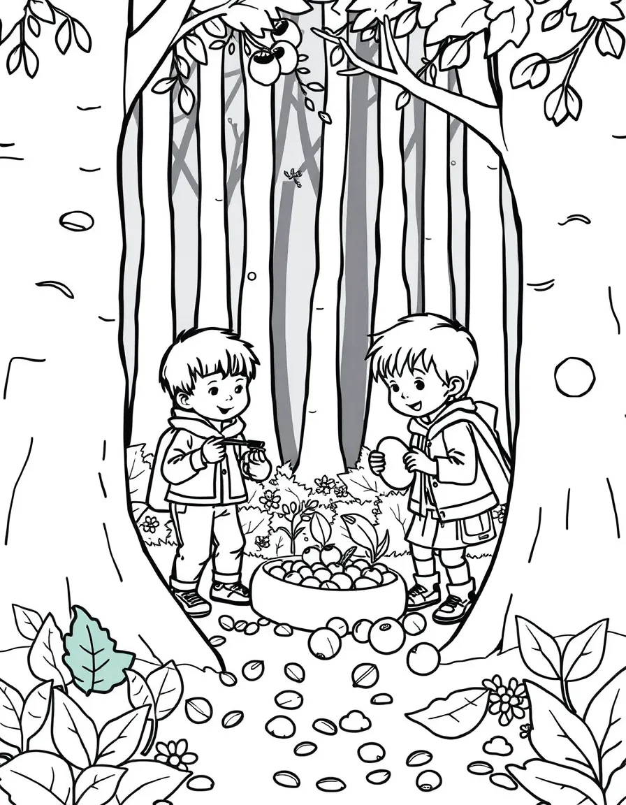 Children collecting nuts and seeds in the forest