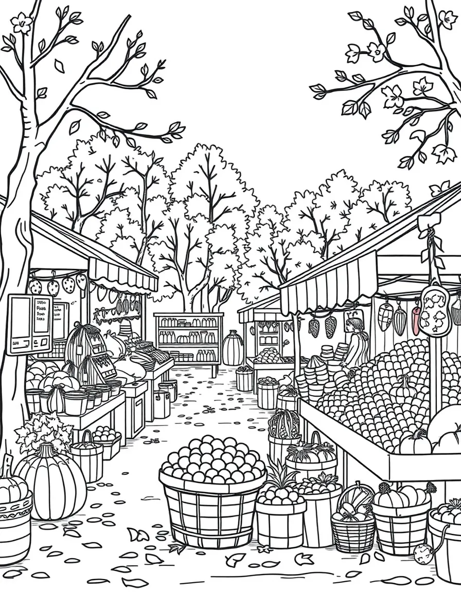 A detailed autumn farmers' market with stalls