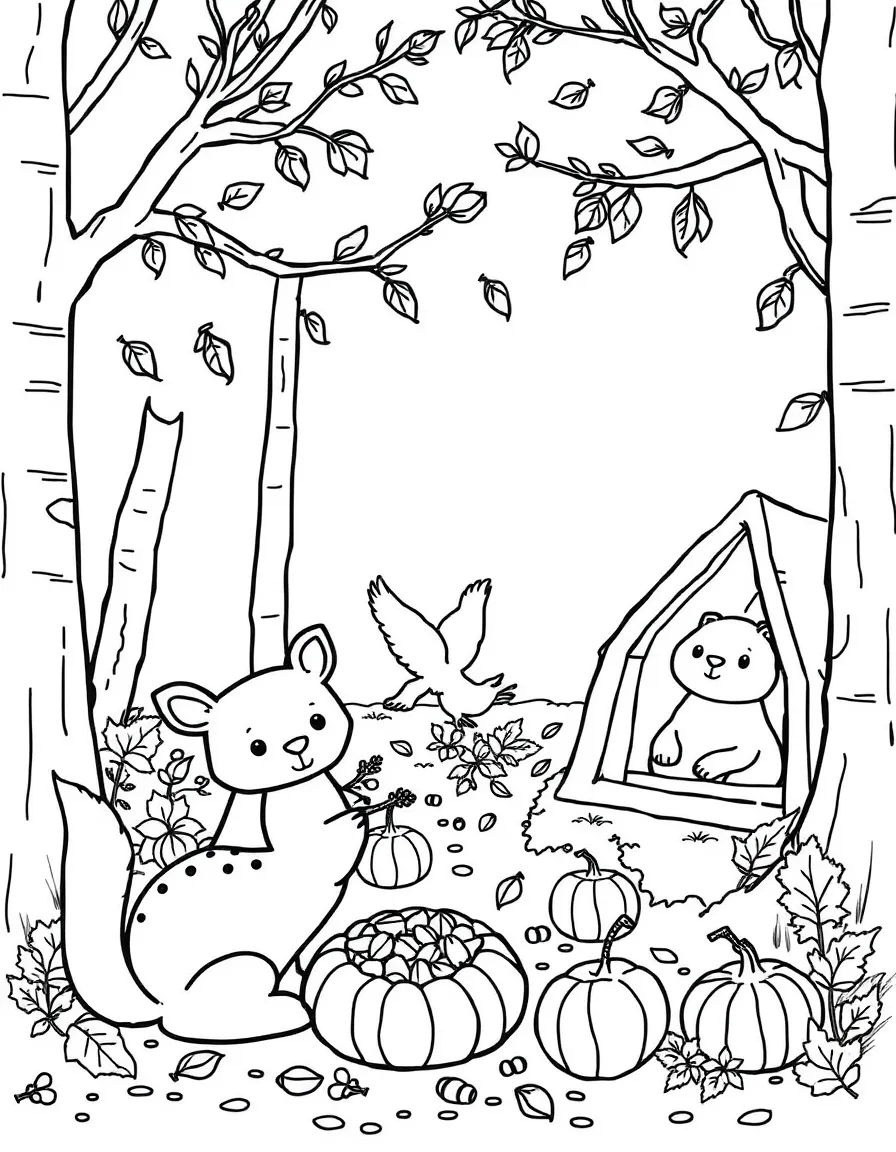 Fall forest animals with food caches and stores