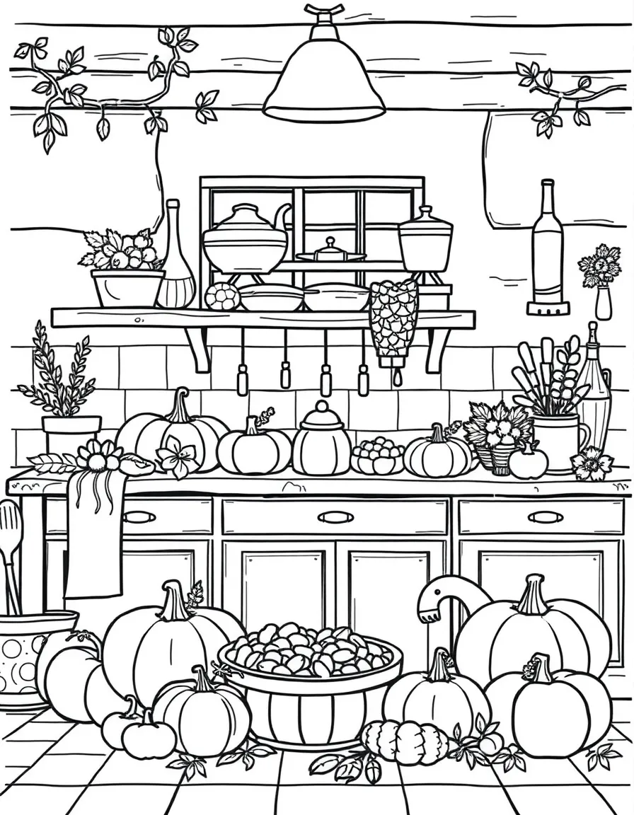 An autumn country kitchen with harvest foods