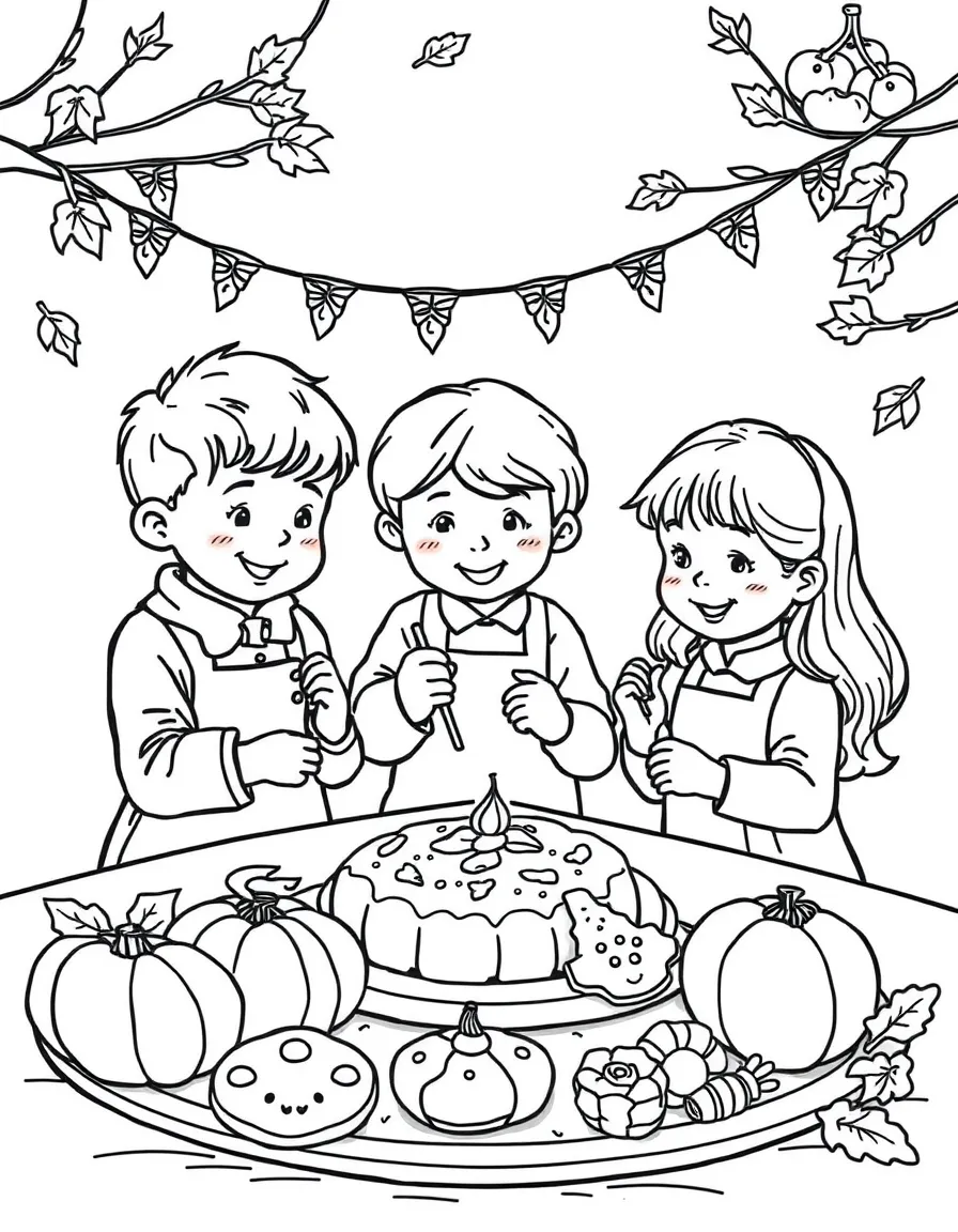 Children decorating autumn cookies and treats