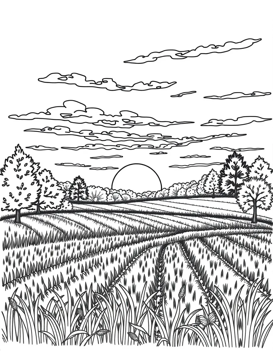 A detailed autumn sunset over harvested fields
