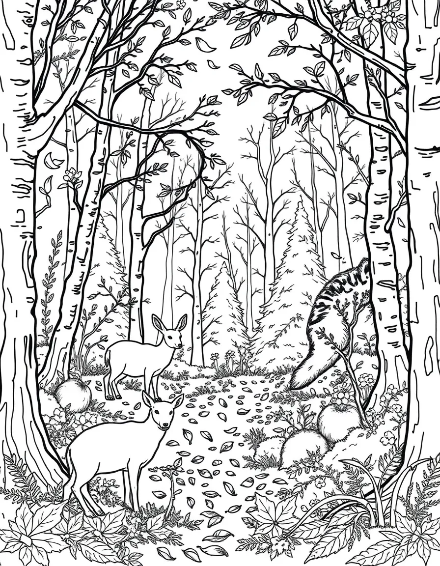 An autumn forest scene with wildlife and falling leaves