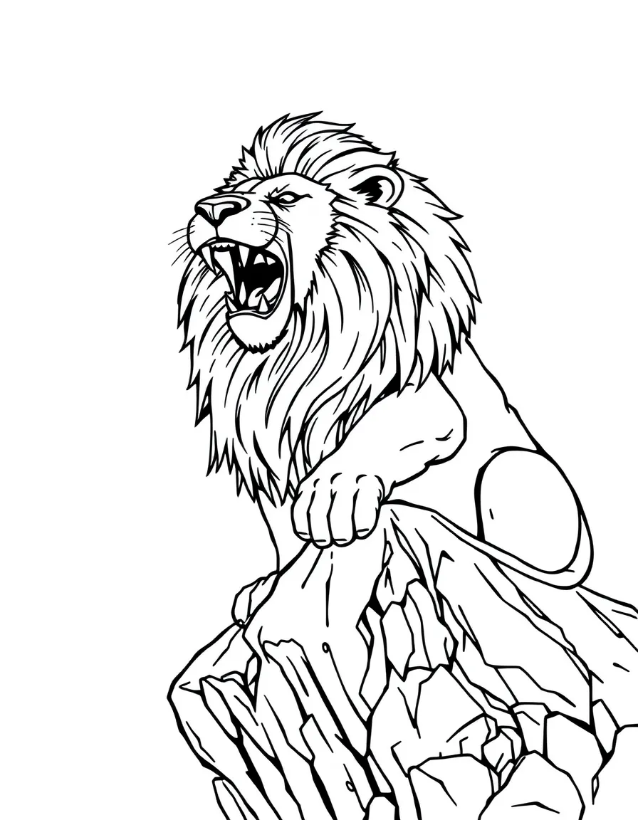 A majestic lion roaring on a rocky cliff  