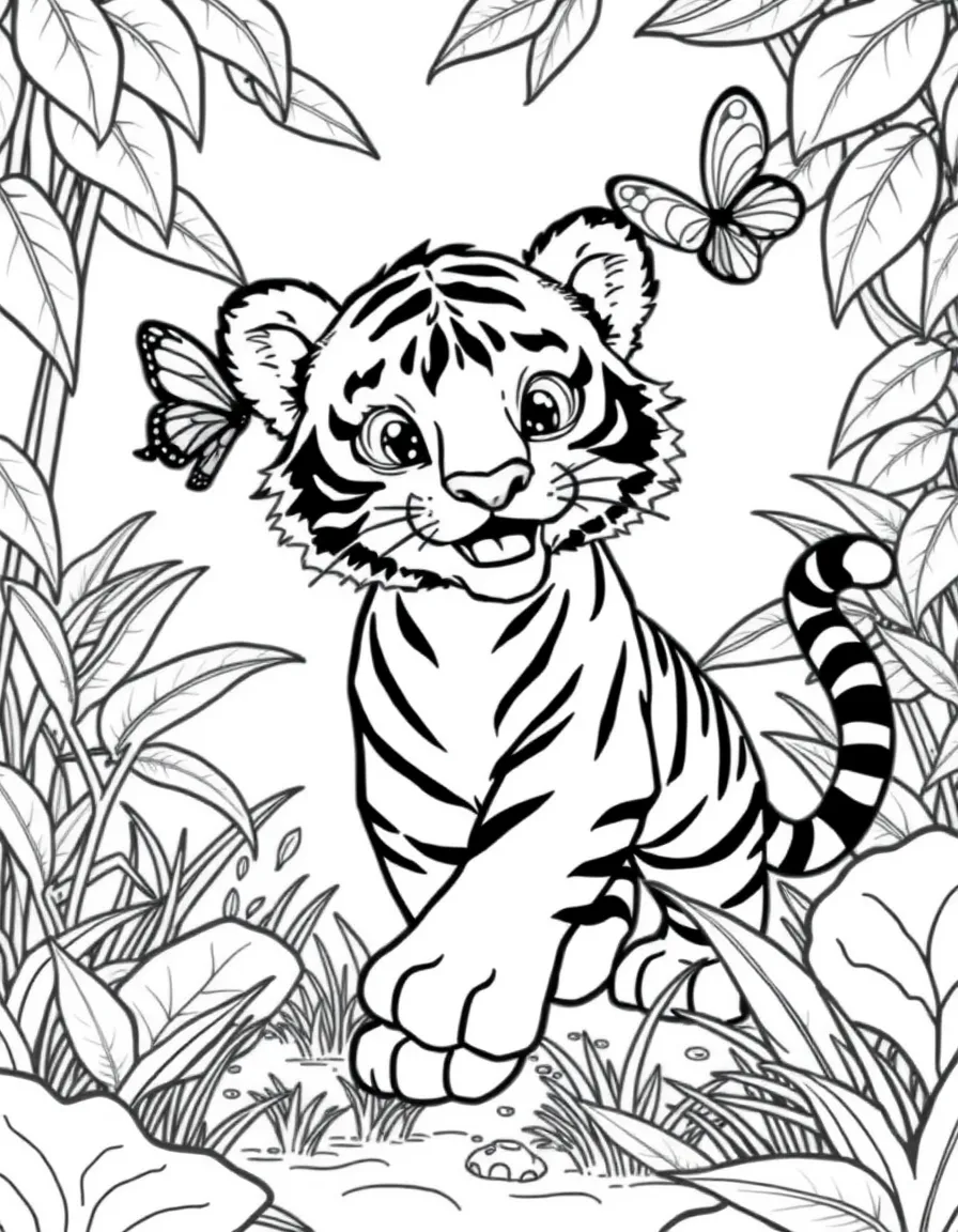 A playful tiger cub chasing a butterfly in the jungle  