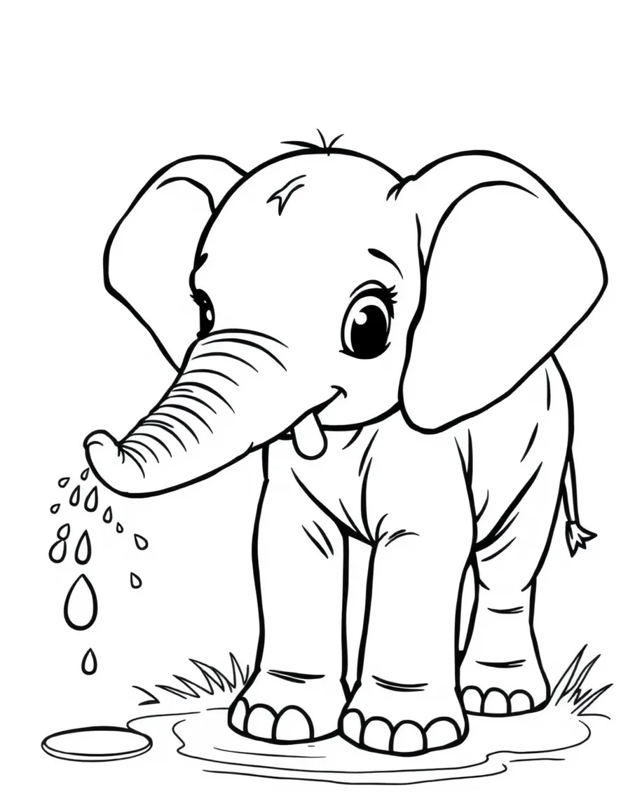 A curious elephant calf spraying water from its trunk  