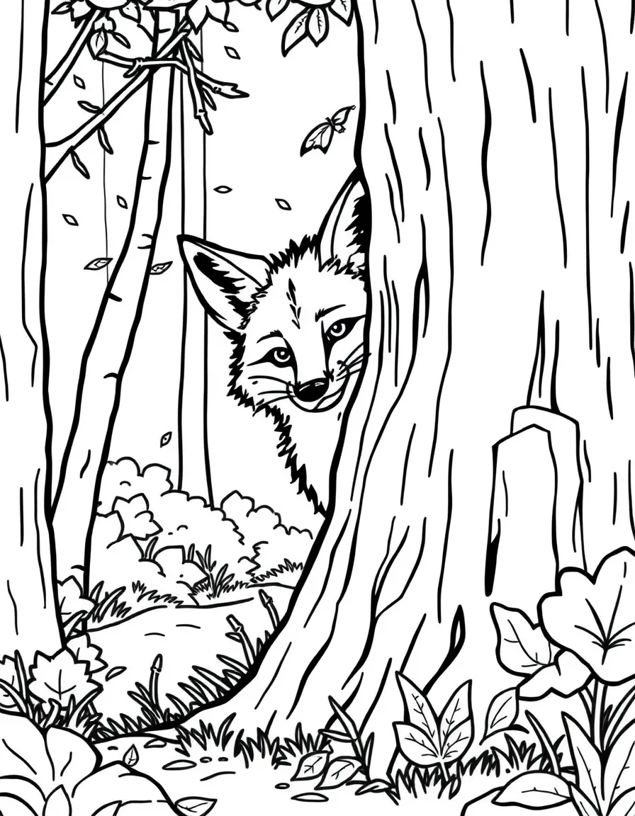 A sly fox peeking out from behind a tree in the forest  