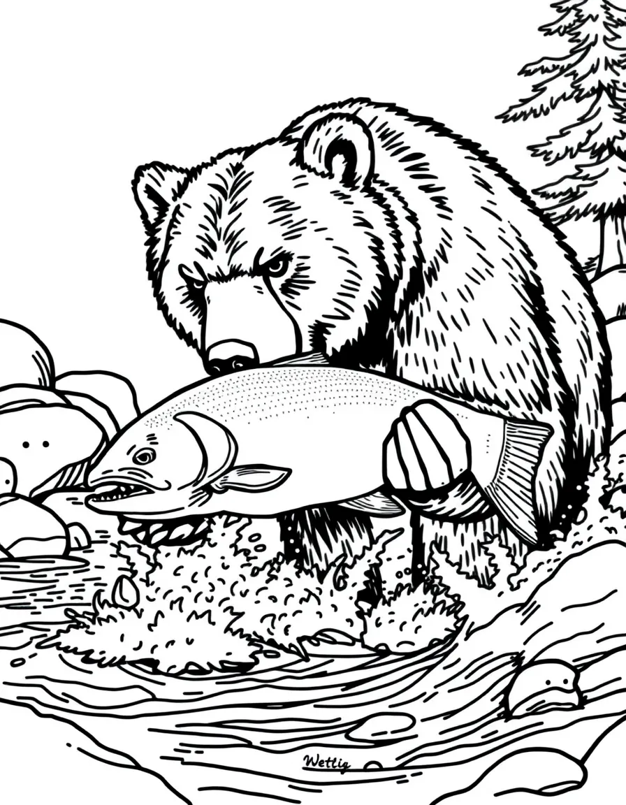 A grizzly bear catching a salmon in a rushing river  