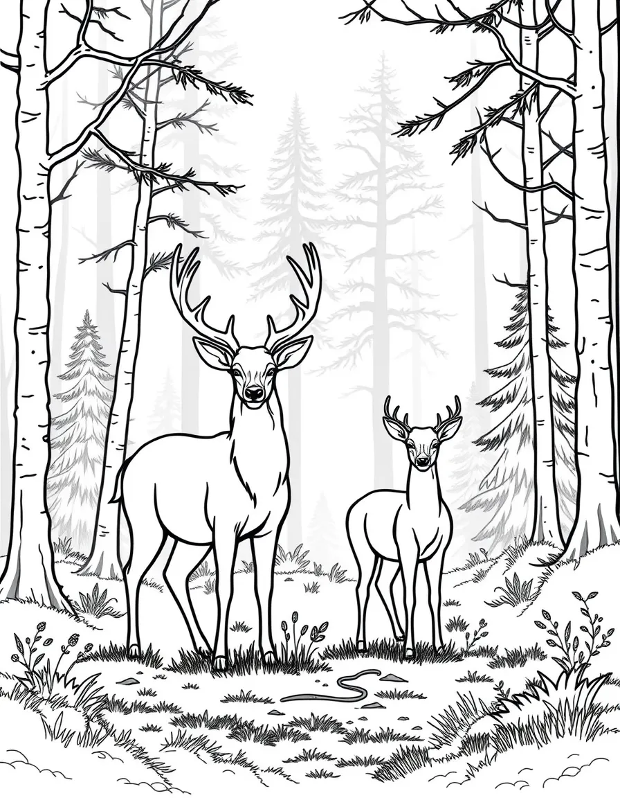 A family of deer standing in a misty forest  
