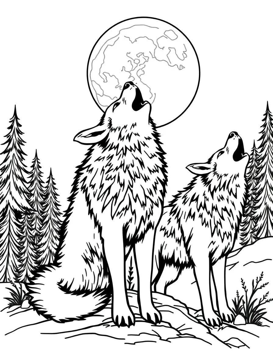 A pack of wolves howling under a full moon  