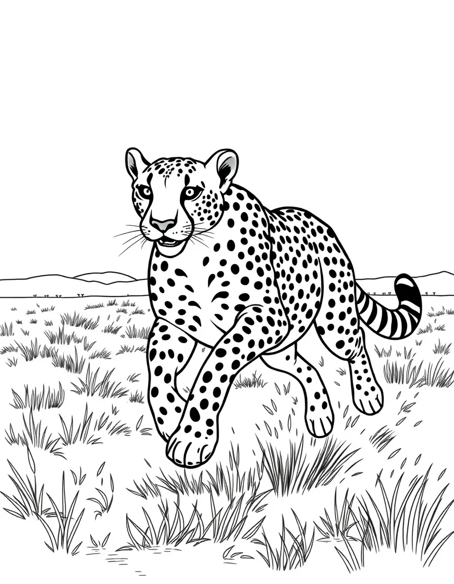 A cheetah running at full speed on the African plains  