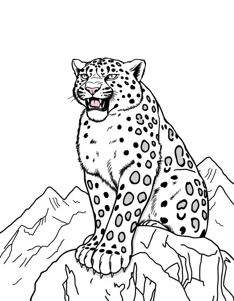 A fierce snow leopard perched on a snowy mountain  