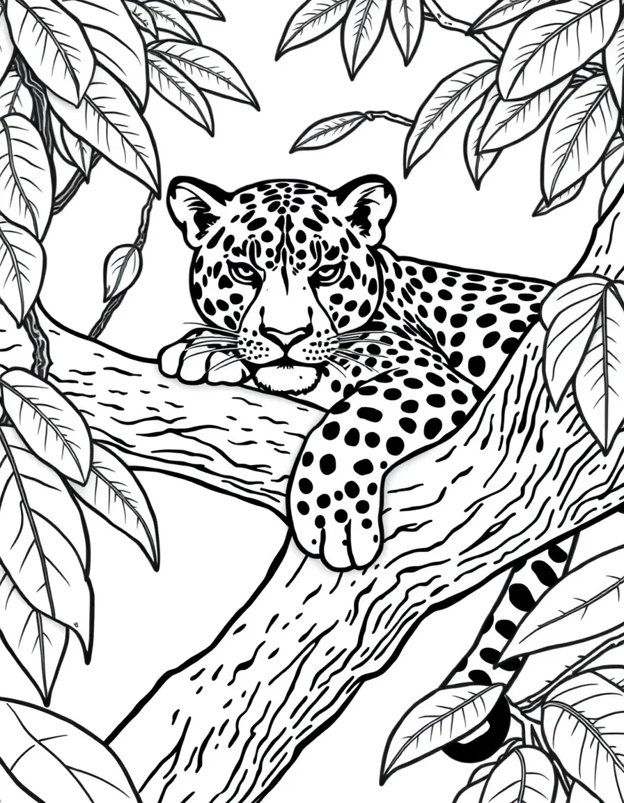A jaguar resting on a tree branch in the rainforest  