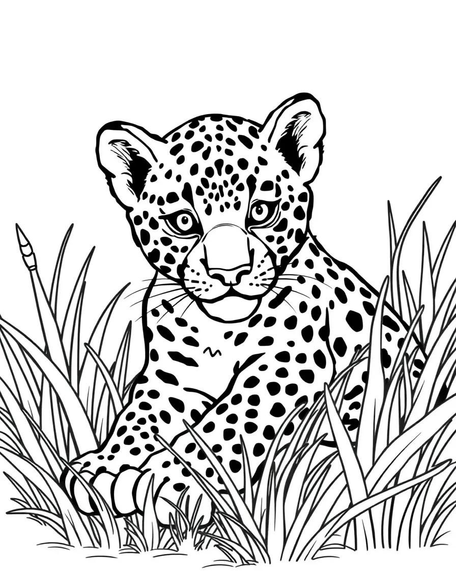 A leopard cub playing in the grass  
