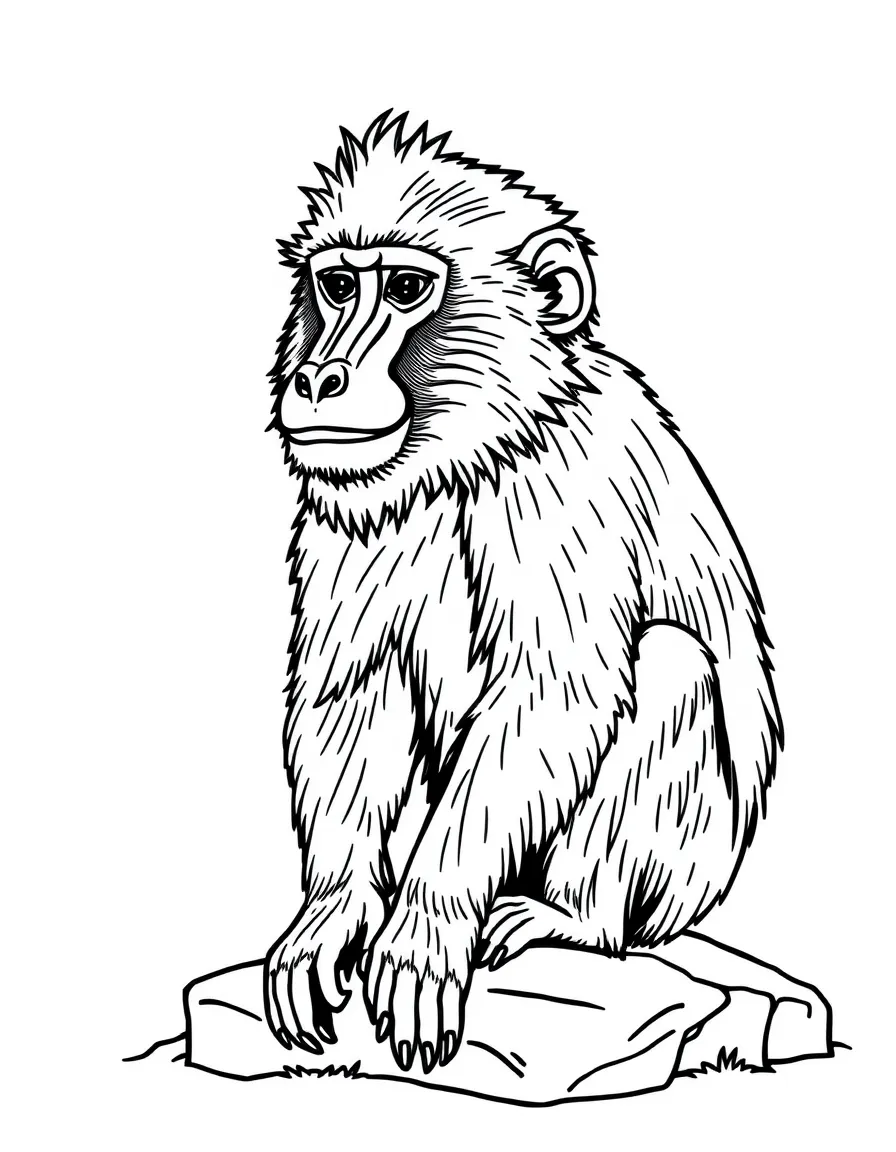 A baboon with a colorful face sitting on a rock  