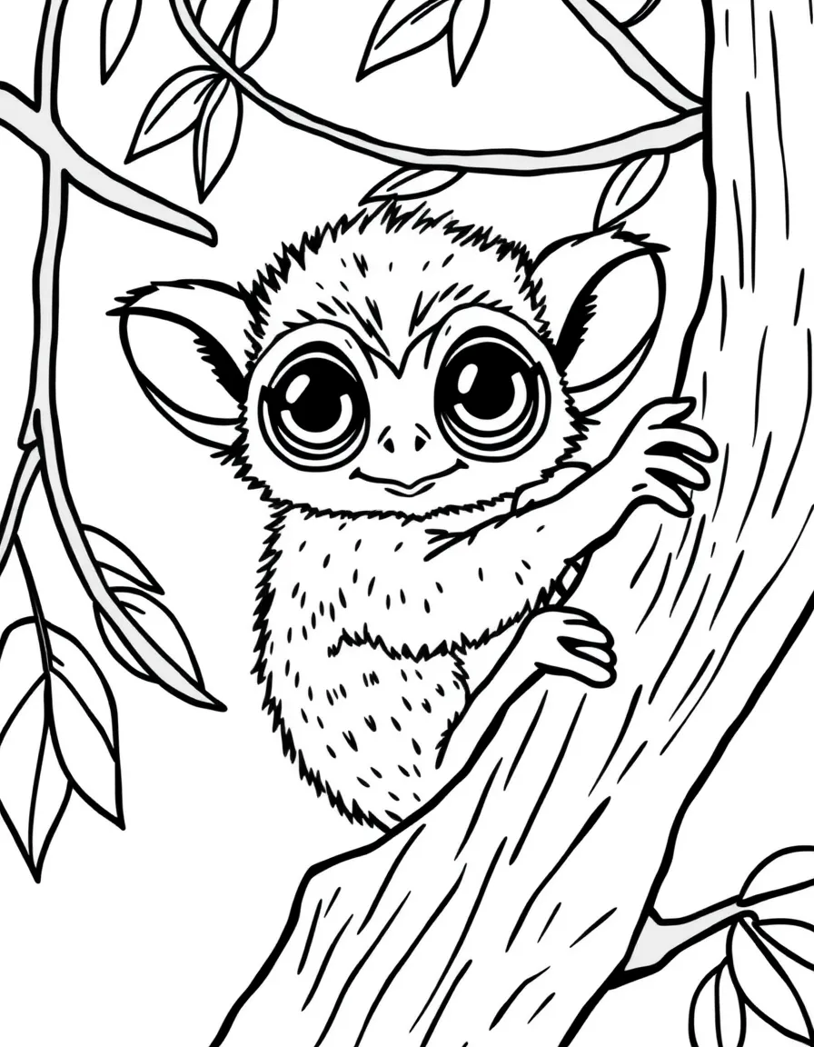 A tiny tarsier with large eyes clinging to a tree  