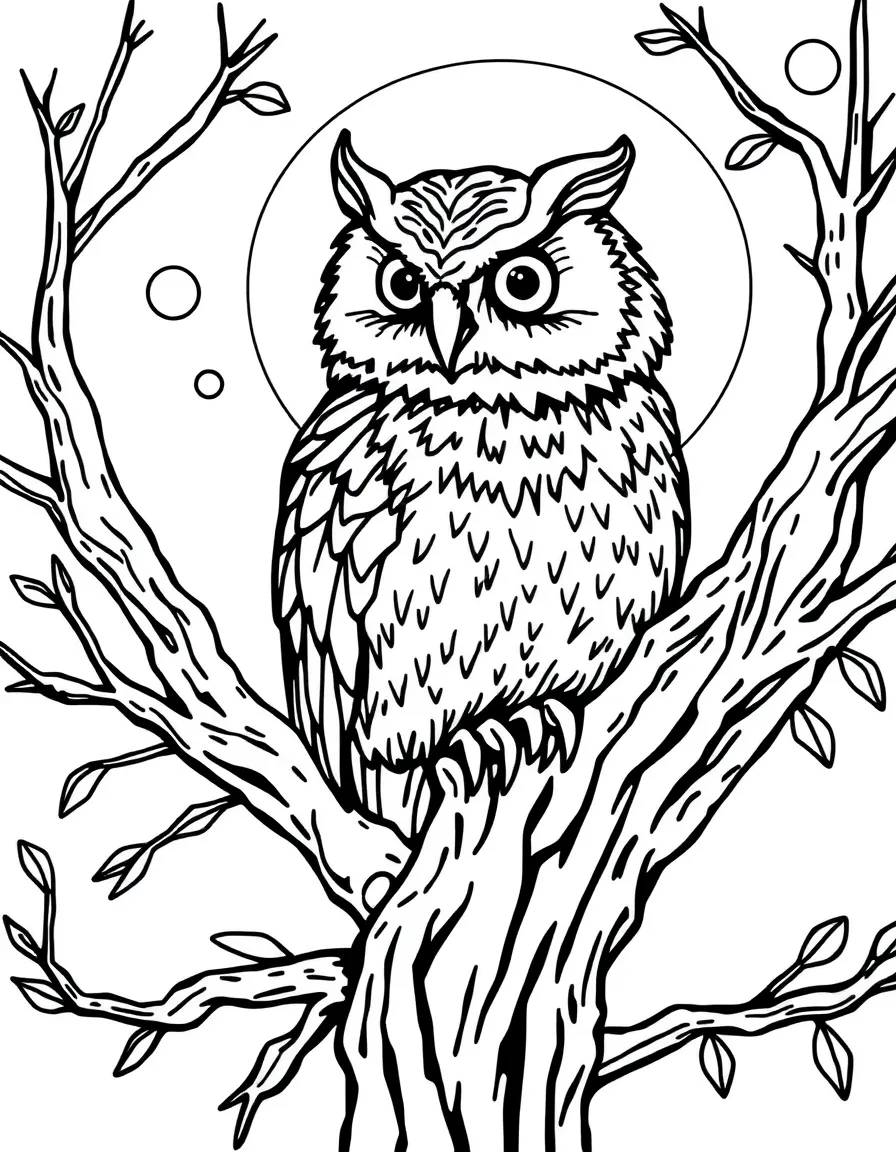 A wise old owl perched on a tree at night  