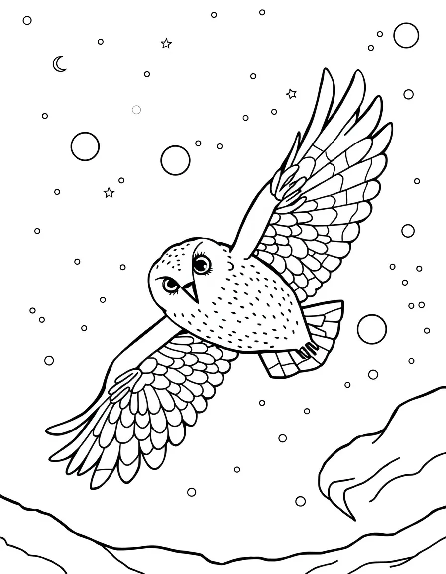 A snowy owl gliding through the night sky  