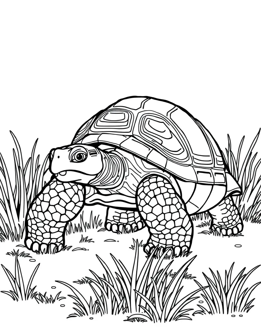 A giant tortoise walking slowly through the grass  