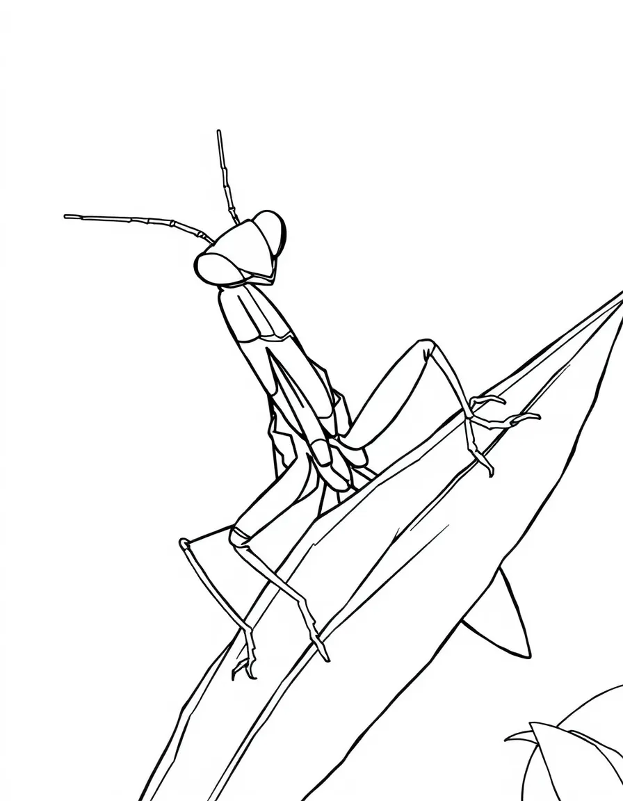A praying mantis poised on a leaf  