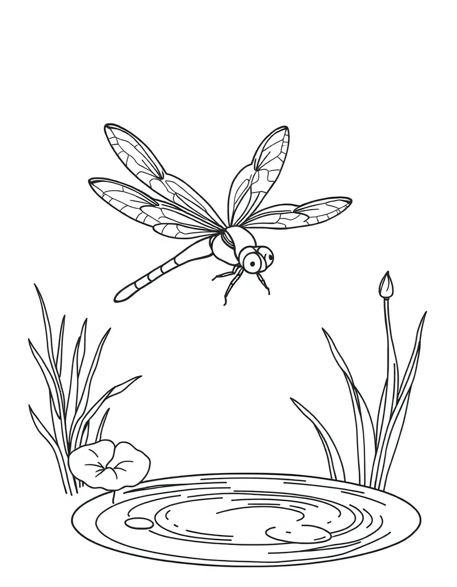 A dragonfly hovering over a pond  
