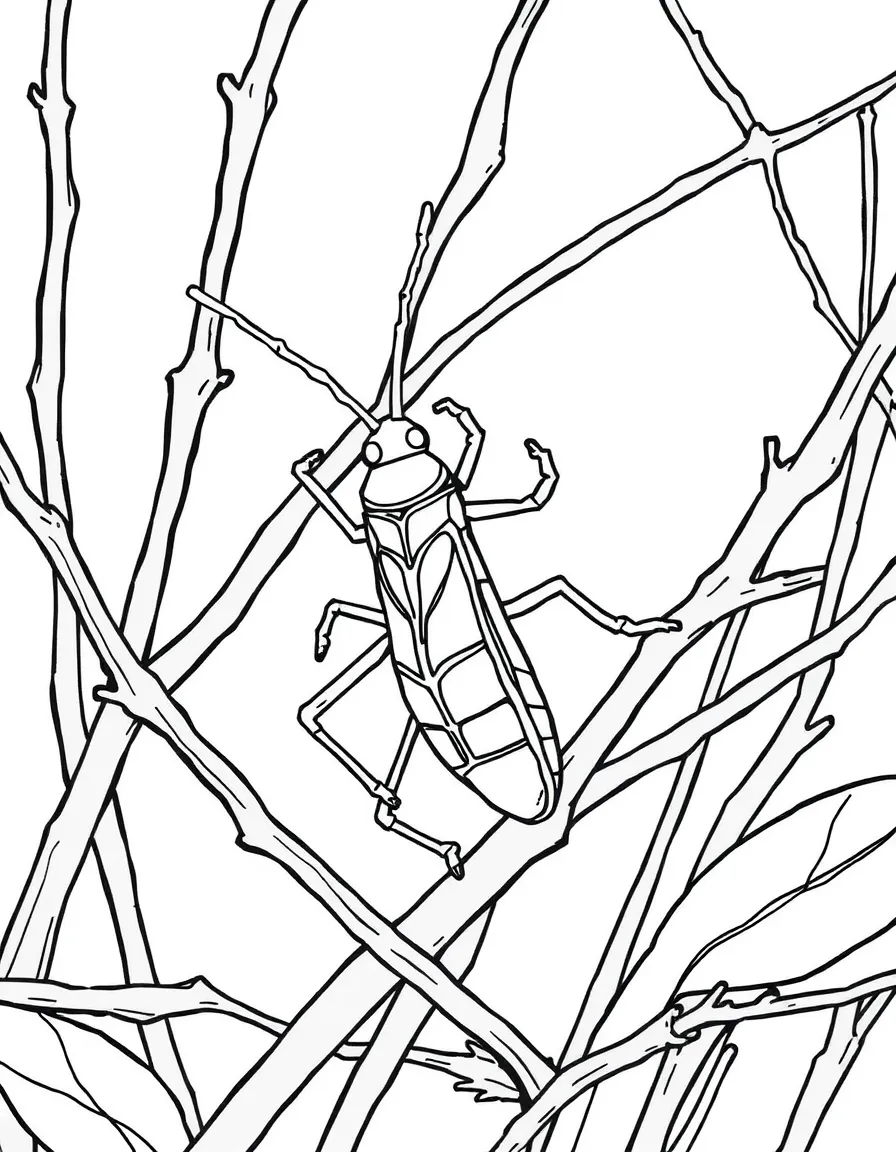 A stick insect camouflaged among twigs  
