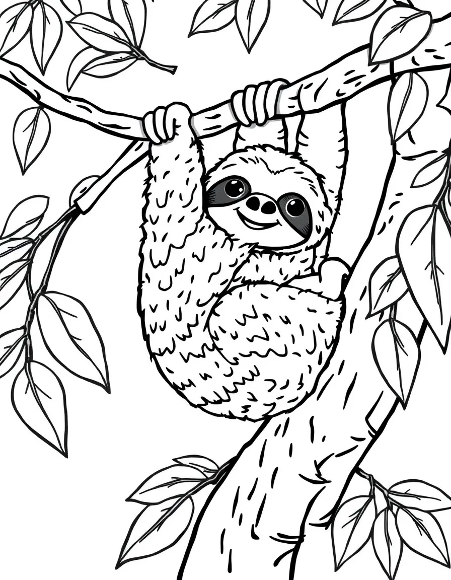 A sloth hanging from a tree branch  