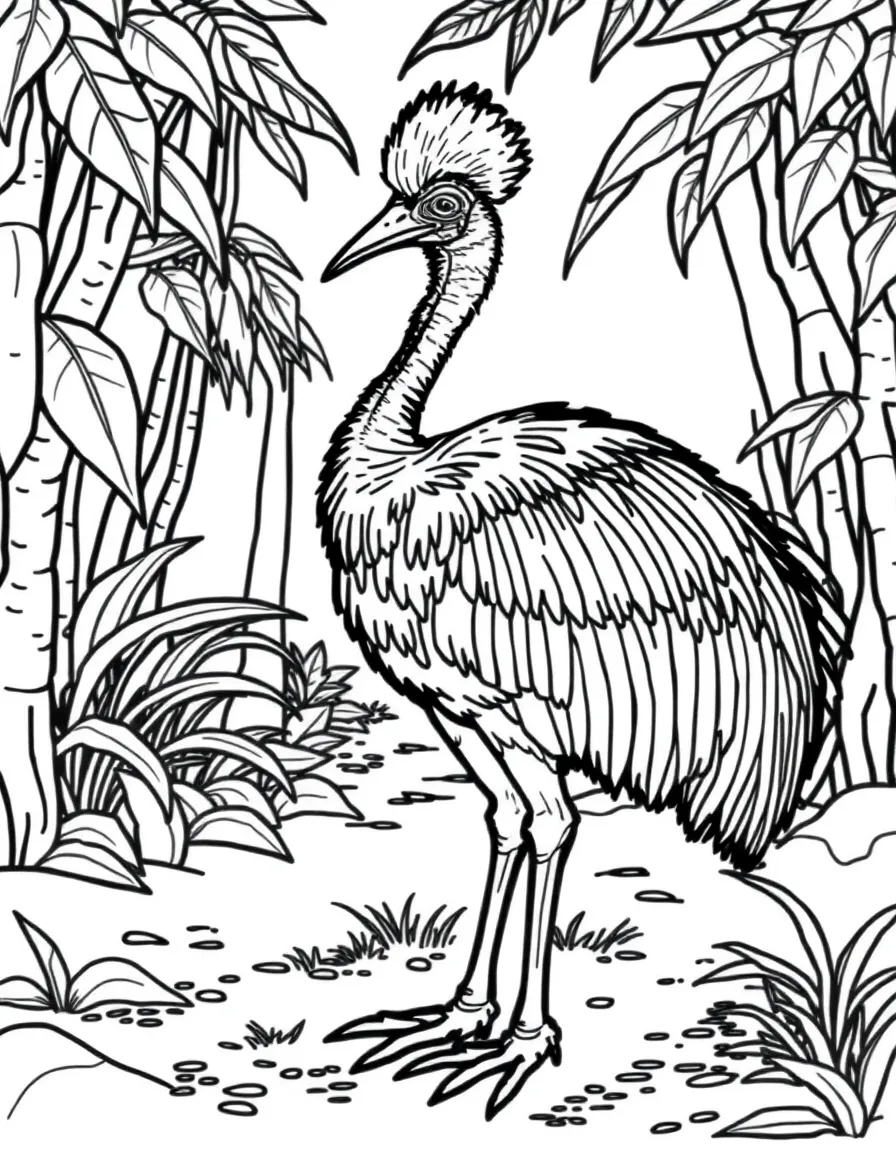 A cassowary standing in a jungle clearing  