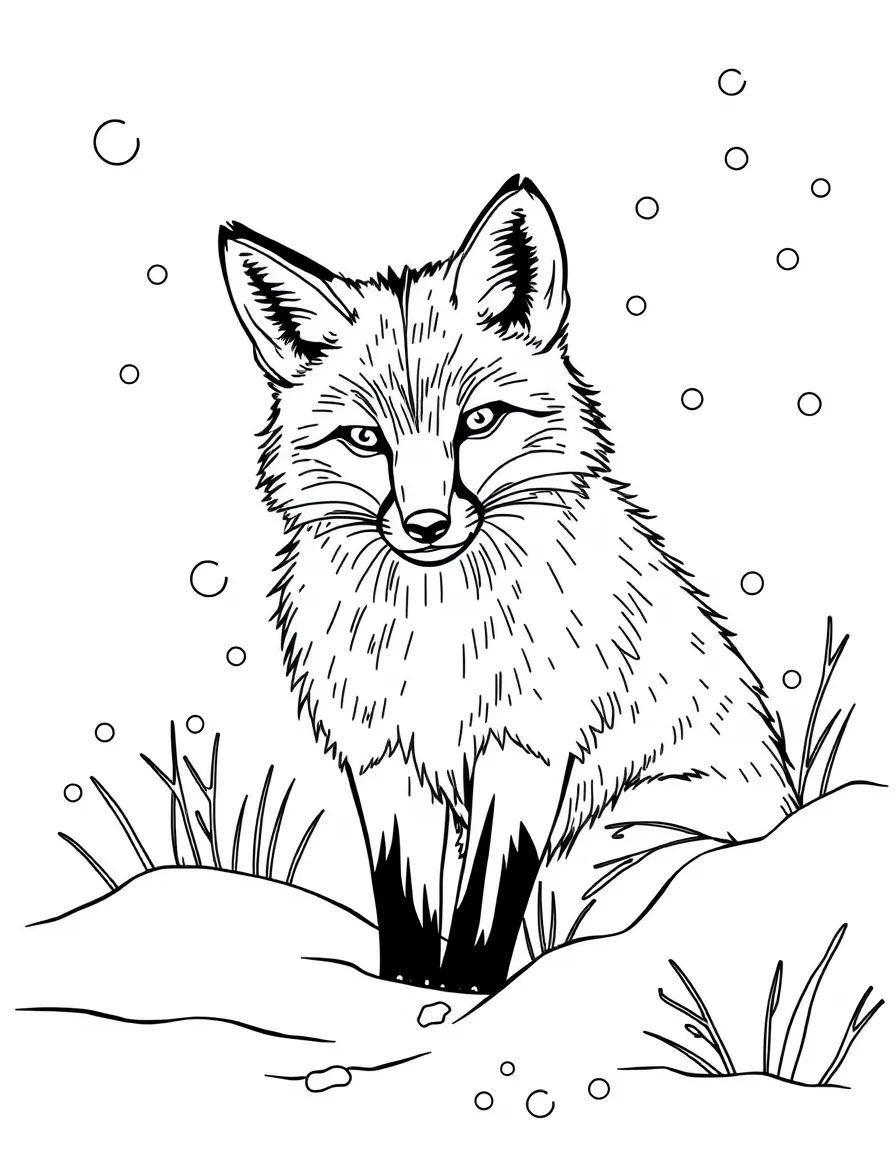 A snowy fox blending into the snow  