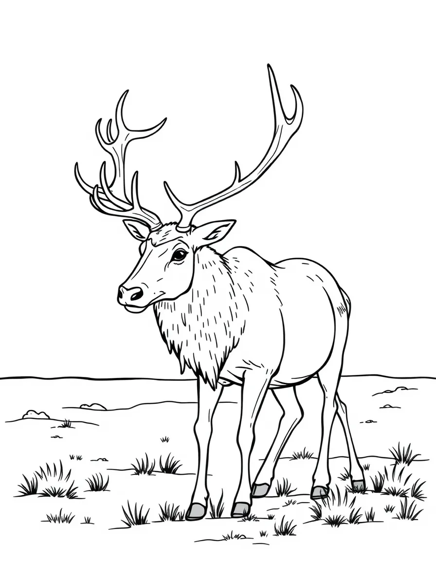 A reindeer with large antlers walking in the tundra  