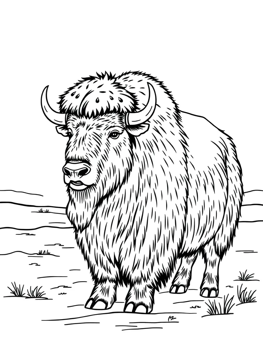 A musk ox standing in the snow-covered plains  