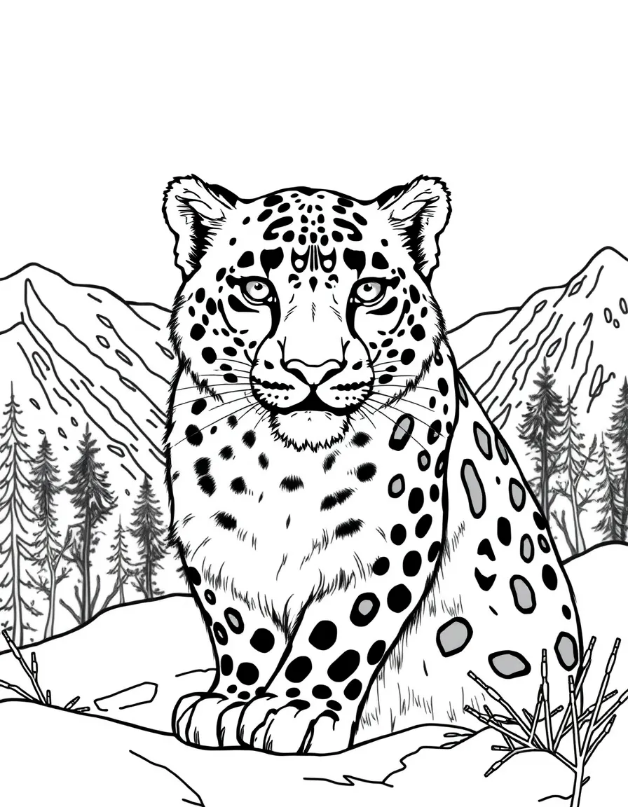 A snow leopard camouflaged against the snowy mountains  