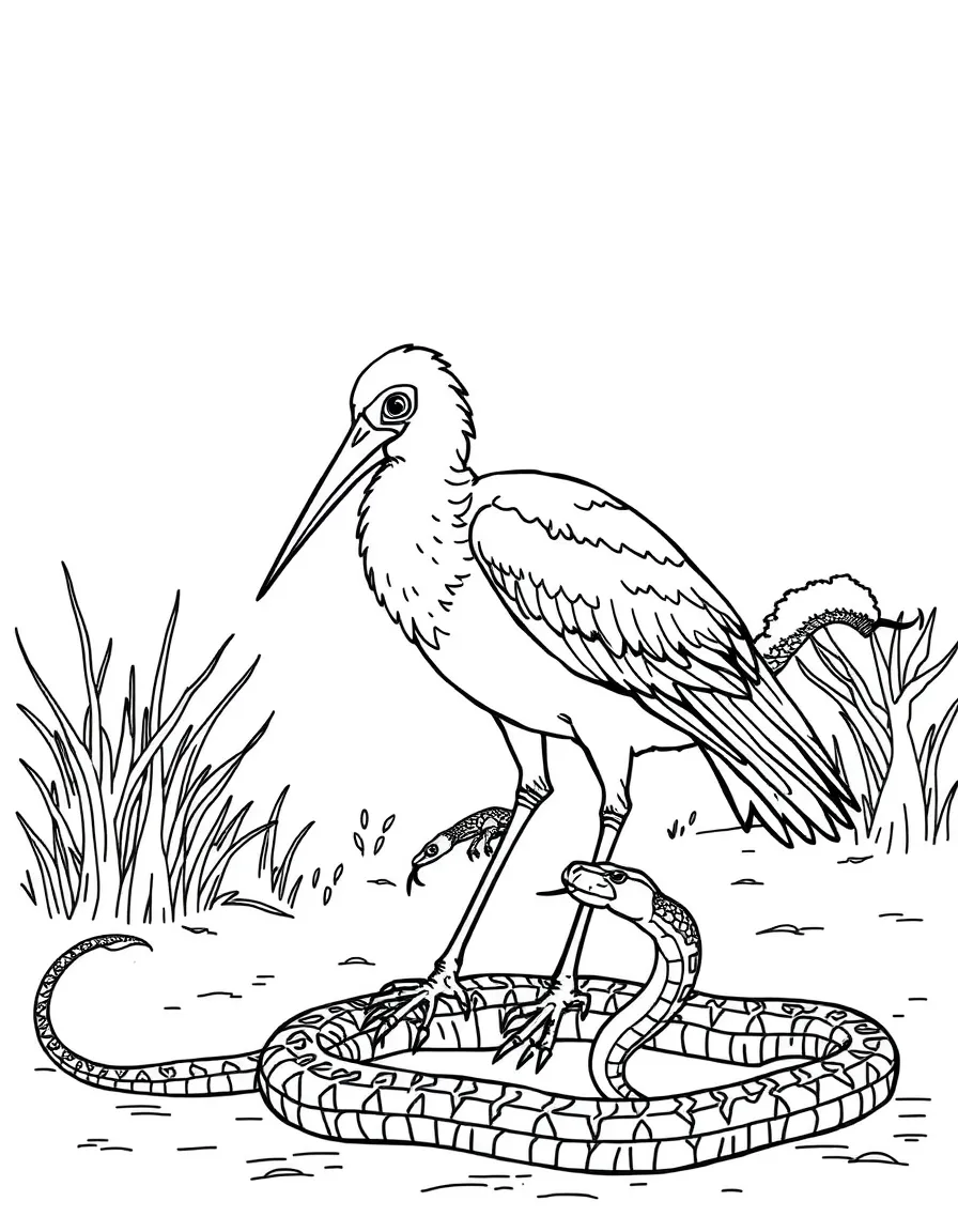 A secretary bird hunting snakes in the savanna  