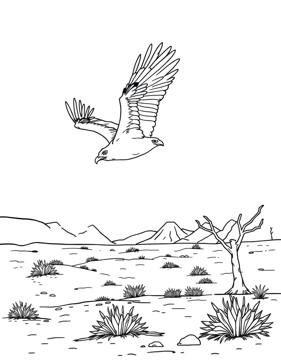 A vulture circling above the dry landscape  