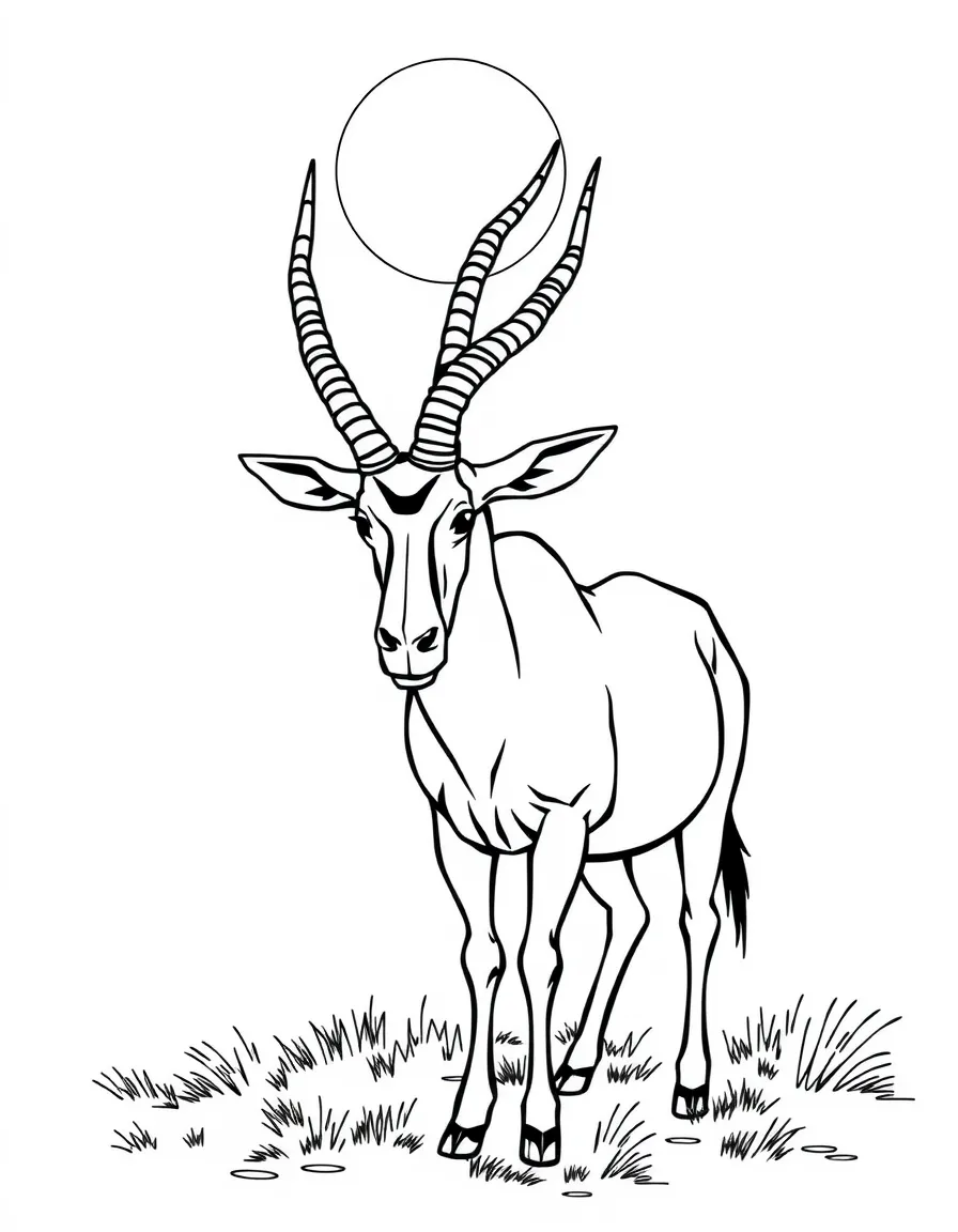 An oryx with long curved horns standing under the sun  