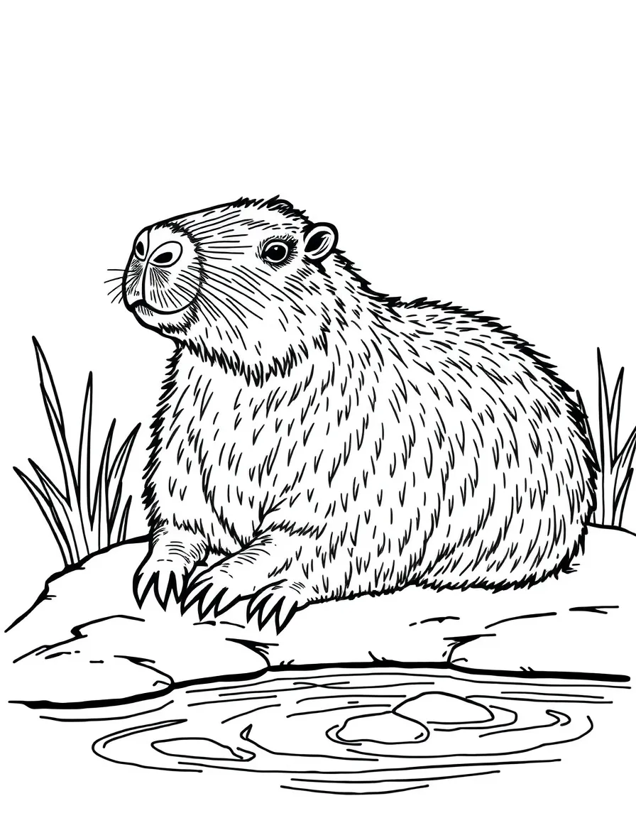 A capybara resting near the water’s edge  