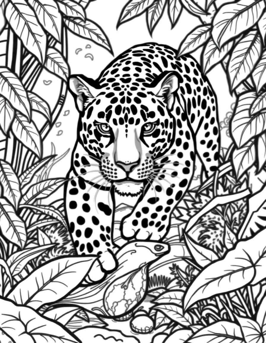 A jaguar stalking its prey in the rainforest  
