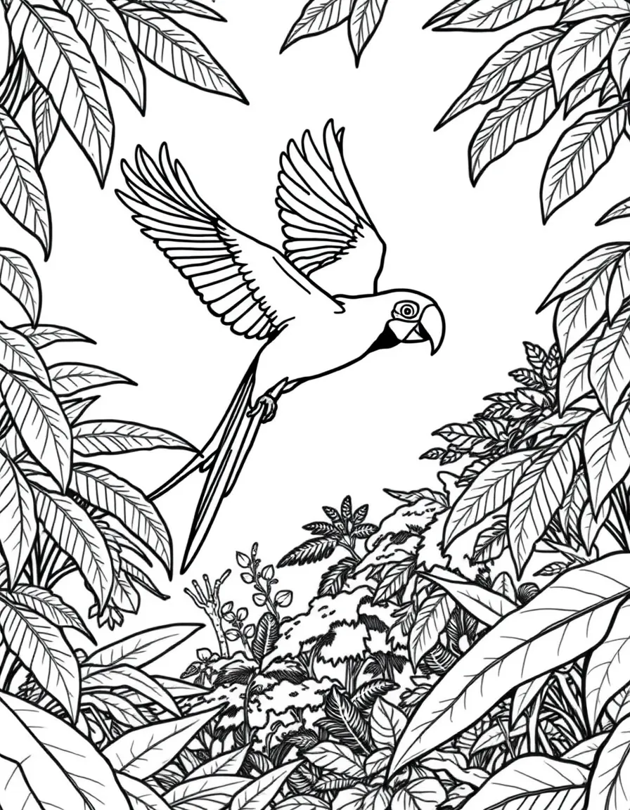 A macaw flying above the rainforest canopy  